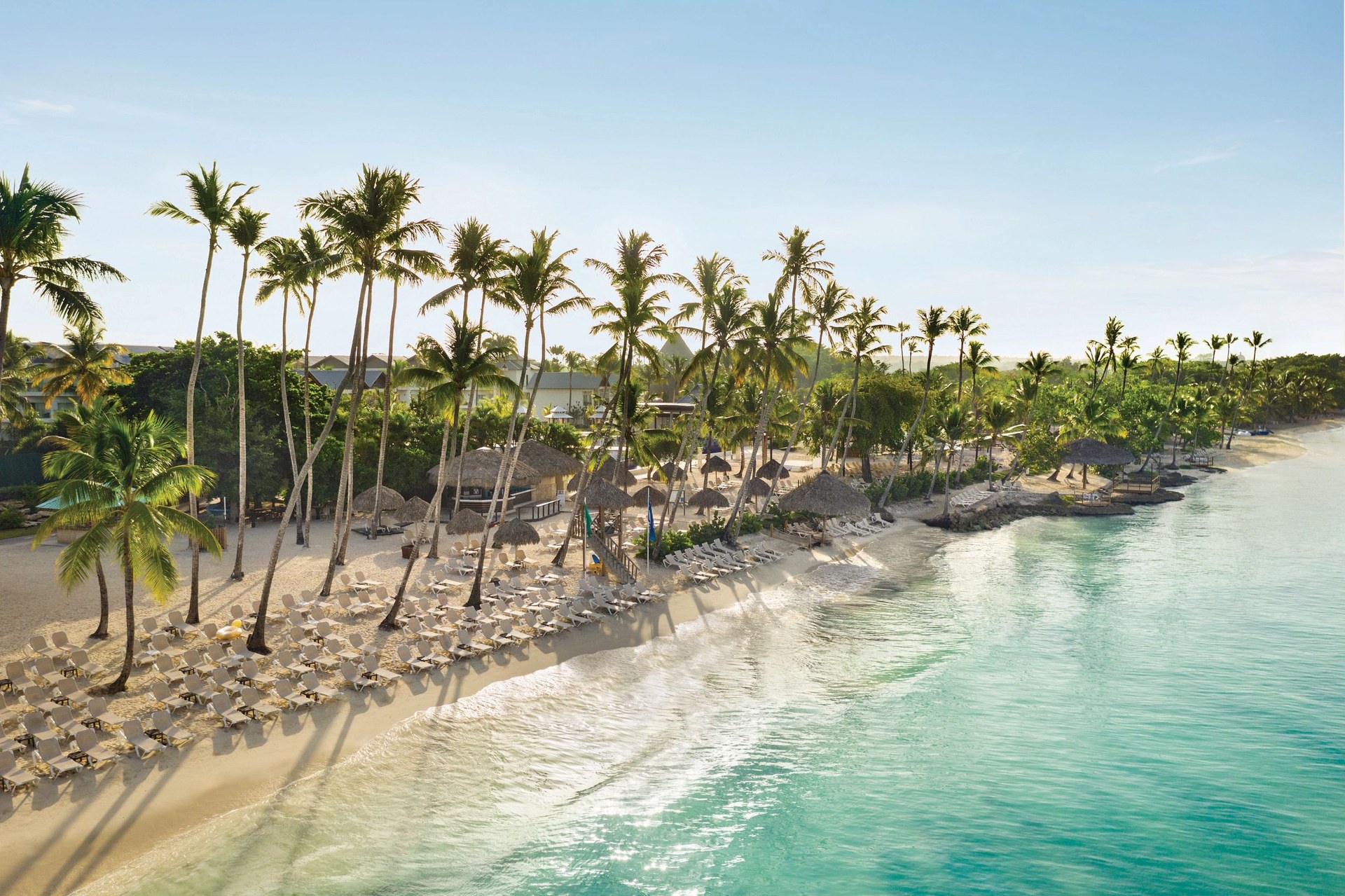 Punta Cana beach resort aerial view with palm-lined white sand beach, thatched-roof cabanas, and turquoise Caribbean water.
